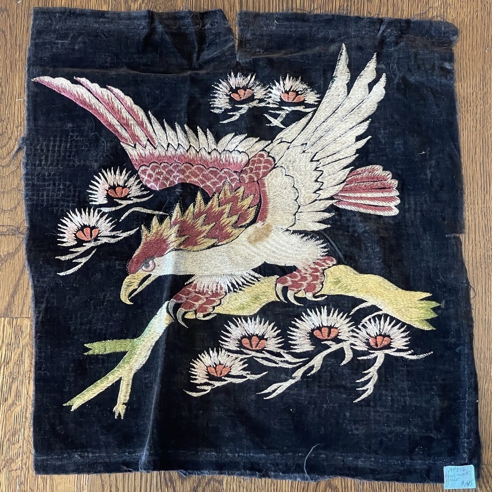 Embroidery Panel Eagle On Antique Black Velvet 15" x 15" Antique